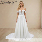 HEULORIA Ethereal Plunging V-Neck Off-the-Shoulder Lace A-Line Wedding Dress with Chapel Train AL-1054