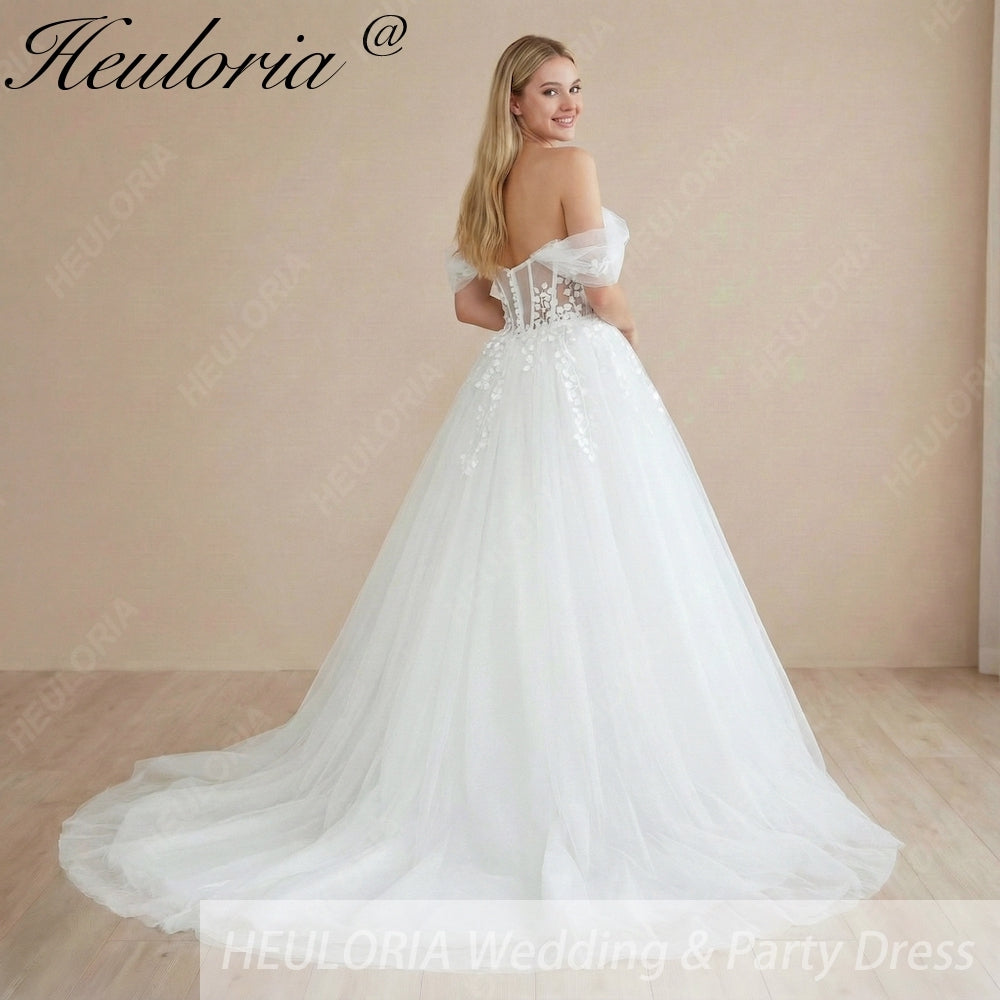 HEULORIA Ethereal Leaf Lace Off-the-Shoulder Wedding Dress with Draped Tulle Sleeves and Corset Bodice AL-1061