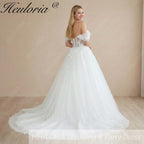 HEULORIA Ethereal Leaf Lace Off-the-Shoulder Wedding Dress with Draped Tulle Sleeves and Corset Bodice AL-1061