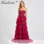 HEULORIA Fuchsia Strapless Tiered Tulle Evening Gown - Floral Lace Sequin Corset Prom Dress ED-224