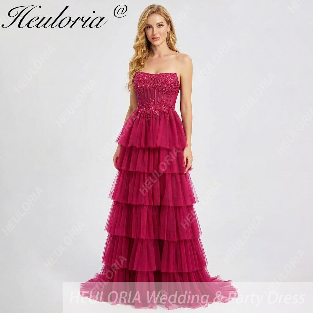 HEULORIA Fuchsia Strapless Tiered Tulle Evening Gown - Floral Lace Sequin Corset Prom Dress ED-224