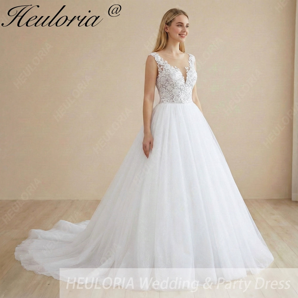 HEULORIA Shimmering Floral Lace Ball Gown Wedding Dress with Illusion V-Neck and Cathedral Train AL-1060 Main image