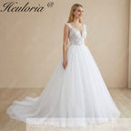HEULORIA Shimmering Floral Lace Ball Gown Wedding Dress with Illusion V-Neck and Cathedral Train AL-1060