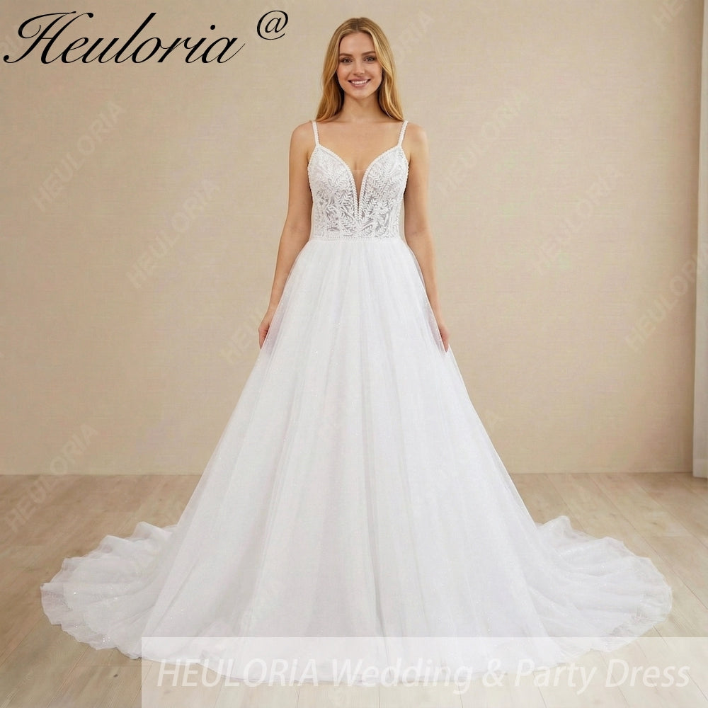 Heuloria Shimmering Starry Tulle Ballgown - Deep V-Neck & Leaf Lace Spaghetti Strap Wedding Dress AL-1095