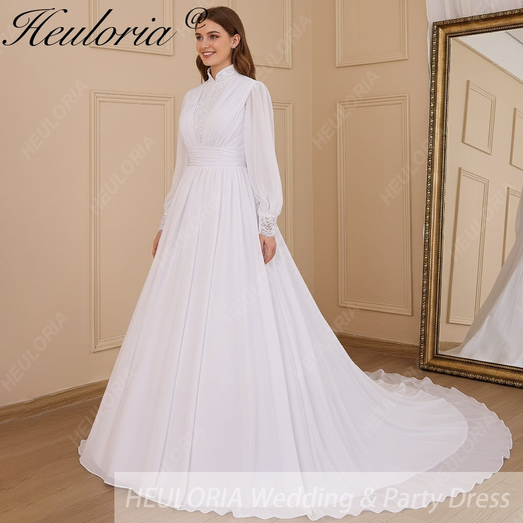 HEULORIA elegant lace beading Muslim ball gown Wedding Dress long sleeve high neck bride dress plus size bride Wedding Gown AL-615 Immagine secondaria del prodotto