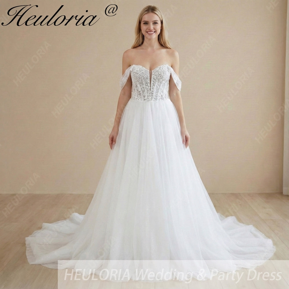 Heuloria Sparkling Glitter Tulle A-Line Wedding Dress with Detachable Off-the-Shoulder Sleeves and Sheer Corset Bodice AL-1027