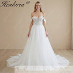 Heuloria Sparkling Glitter Tulle A-Line Wedding Dress with Detachable Off-the-Shoulder Sleeves and Sheer Corset Bodice AL-1027