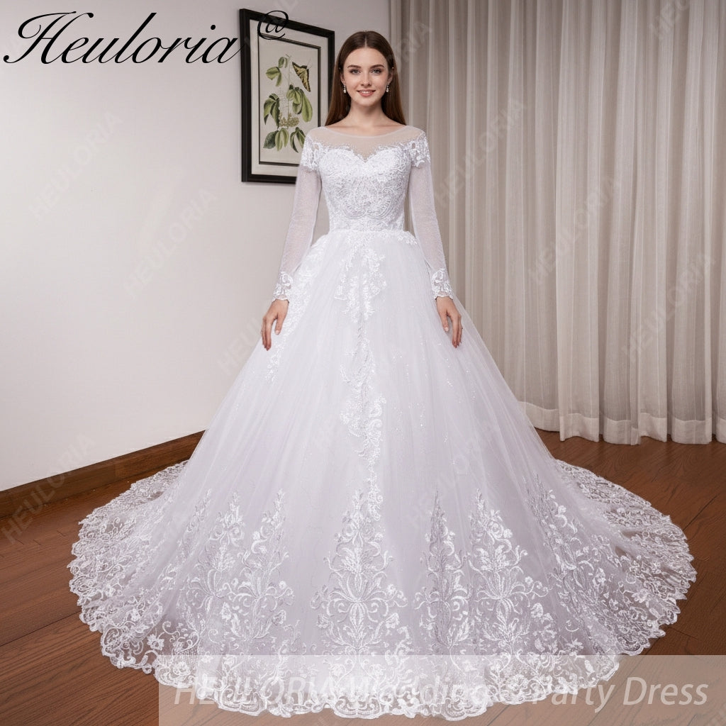 HEULORIA Princess Ball Gown Wedding Dress long sleeve bride dress O neck plus size robe de mariee Lace beading Bridal Gown BA-551