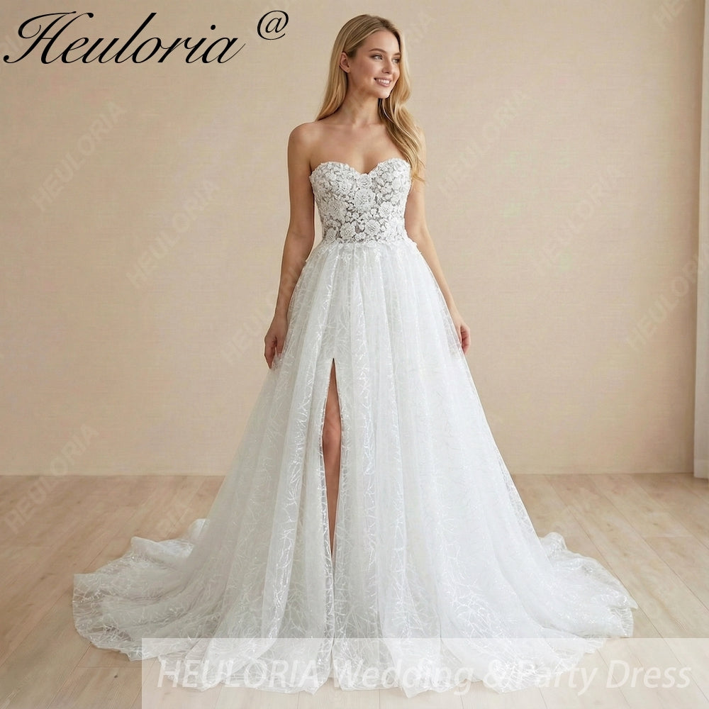 Romantic Sweetheart Strapless A-Line Wedding Dress with Detachable Puff Sleeves & High Slit AL-1008