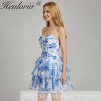 HEULORIA Enchanting Floral Print Strapless Tiered Ruffle Mini Dress - Corset Bodice with Crystal Brooch ED-291