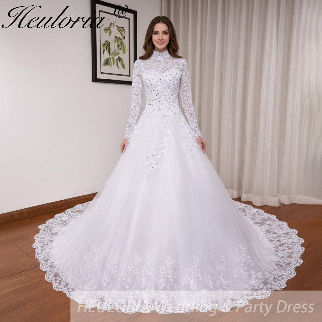 HEULORIA Muslim Wedding Dress long sleeve high neck bride dress Lace beading Wedding Gown BA-N-Classic