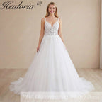 HEULORIA Sparkling Floral Lace V-Neck Wedding Dress - Leafy Straps & Shimmer Tulle Ballgown AL-1057