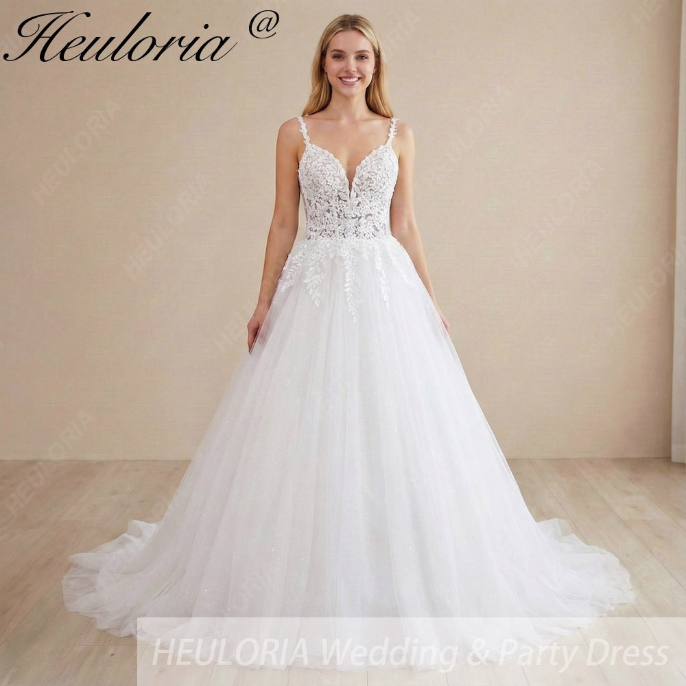 HEULORIA Sparkling Floral Lace V-Neck Wedding Dress - Leafy Straps & Shimmer Tulle Ballgown AL-1057