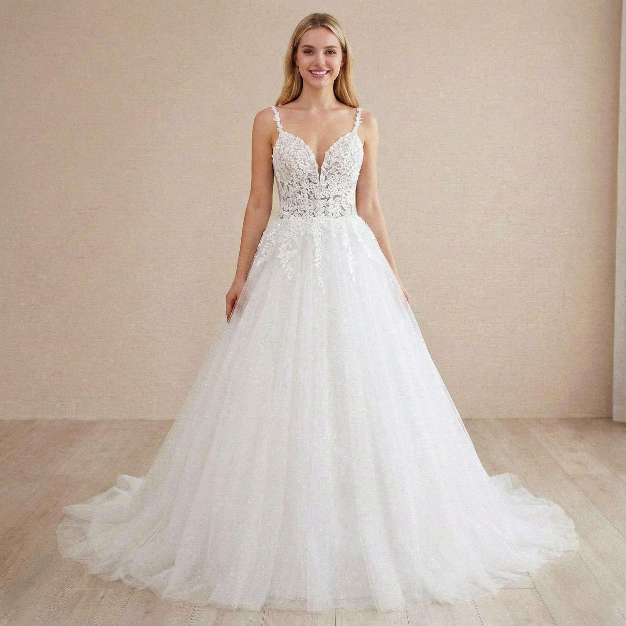 HEULORIA Sparkling Floral Lace V-Neck Wedding Dress - Leafy Straps & Shimmer Tulle Ballgown AL-1057
