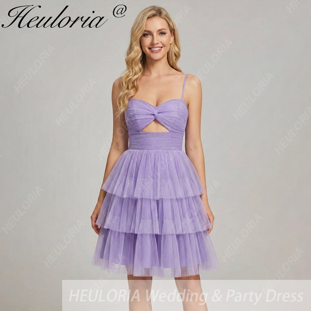 HEULORIA Lavender Tiered Tulle Cut-Out Mini Dress: Twisted Sweetheart Neckline & Spaghetti Straps ED-272 Imagen principal del producto