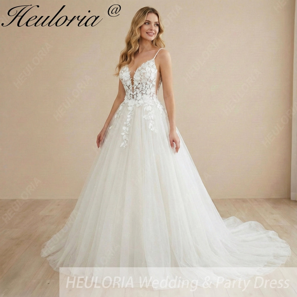 HEULORIA Ethereal 3D Floral Lace A-Line Wedding Dress – Plunging V-Neck & Shimmer Tulle Skirt AL-1106