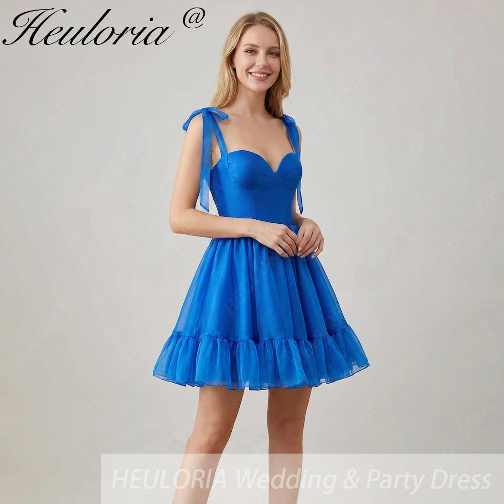 HEULORIA Royal Blue Sweetheart Tie-Strap Short Homecoming Dress - Ruffled Corset Back Cocktail Gown ED-295