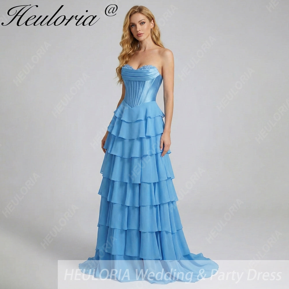 HEULORIA Strapless Corset Bodice Tiered Ruffle Evening Gown - Multi-Color prom dress ED-236