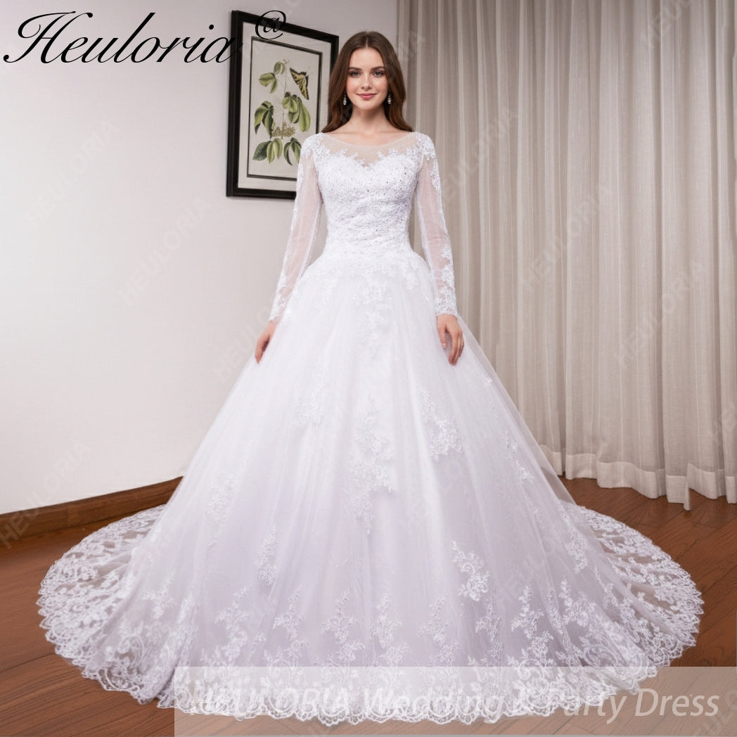 HEULORIA Princess Ball Gown Wedding Dress long sleeve sweetheart plus size robe de mariee Lace beading bride dress court train BA-VN8191 Imagen principal del producto