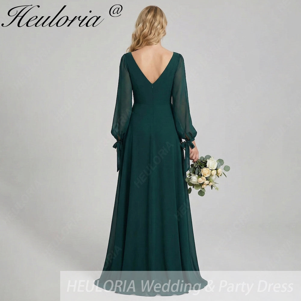 HEULORIA Dark Green Illusion Bateau Neck Evening Dress with Sheer Tie-Cuff Bishop Sleeves ED-255 Image secondaire du produit