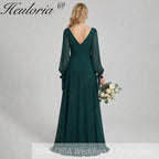 HEULORIA Dark Green Illusion Bateau Neck Evening Dress with Sheer Tie-Cuff Bishop Sleeves ED-255
