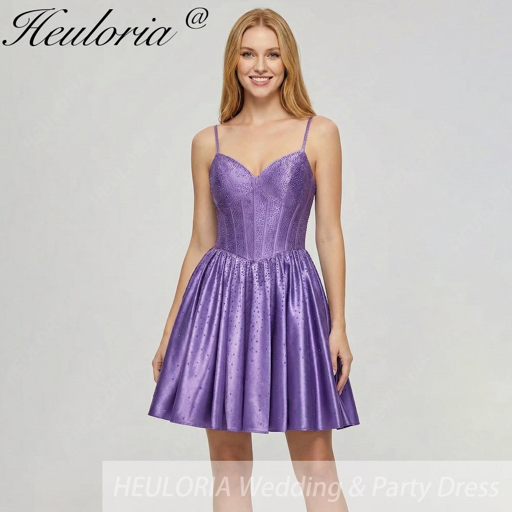 HEULORIA Sparkly Rhinestone Corset Satin Homecoming Dress - Sweetheart Neckline Spaghetti Strap Short Prom Gown ED-310