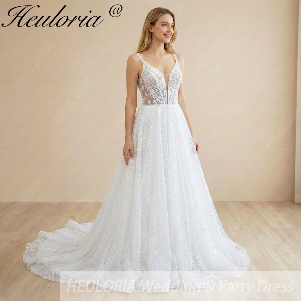 HEULORIA Shimmering Sequin Tulle A-Line Wedding Dress with Plunging V-Neck and Spaghetti Straps AL-1097