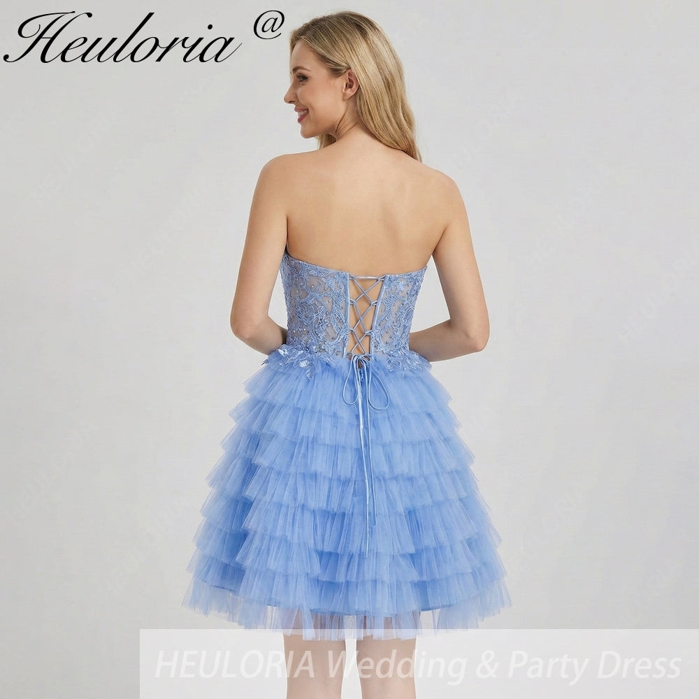 HEULORIA Strapless Sweetheart Tiered Tulle Short Prom Dress - Beaded Lace Homecoming Gown ED-287 Image secondaire du produit