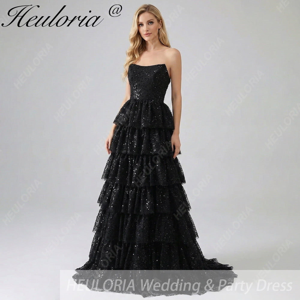 HEULORIA Sparkling Black Sequin Tiered Evening Gown - Strapless Layered Tulle Formal Dress ED-234