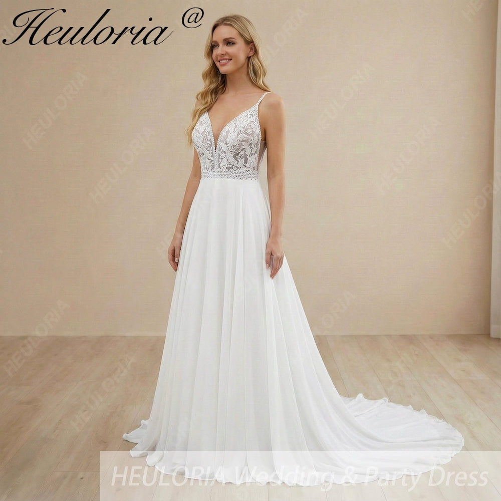 HEULORIA Romantic Boho A-Line Wedding Dress - Deep V-Neck Lace Bodice & Flowy Chiffon Skirt with Train AL-1066