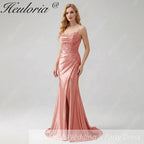 HEULORIA Sage Green Satin Mermaid Evening Dress with Lace Corset Bodice & High Slit ED-212