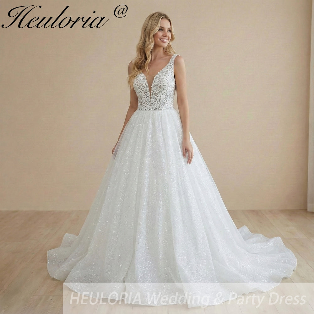HEULORIA V Neck Sleeveless A line Wedding Dress sparky Boho Lace Appliques Tulle Long Bridal Gowns Backless Vestidos de Novia Customized AL-1091
