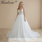 HEULORIA V Neck Sleeveless A line Wedding Dress sparky Boho Lace Appliques Tulle Long Bridal Gowns Backless Vestidos de Novia Customized AL-1091