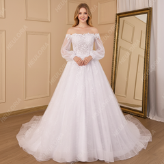 HEULORIA elegant A line wedding dress long sleeve beading lace bride dress plus size AL-839