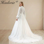 HEULORIA Elegant High-Neck Lace Wedding Dress with Romantic Bishop Sleeves and A-Line Train BA-1246