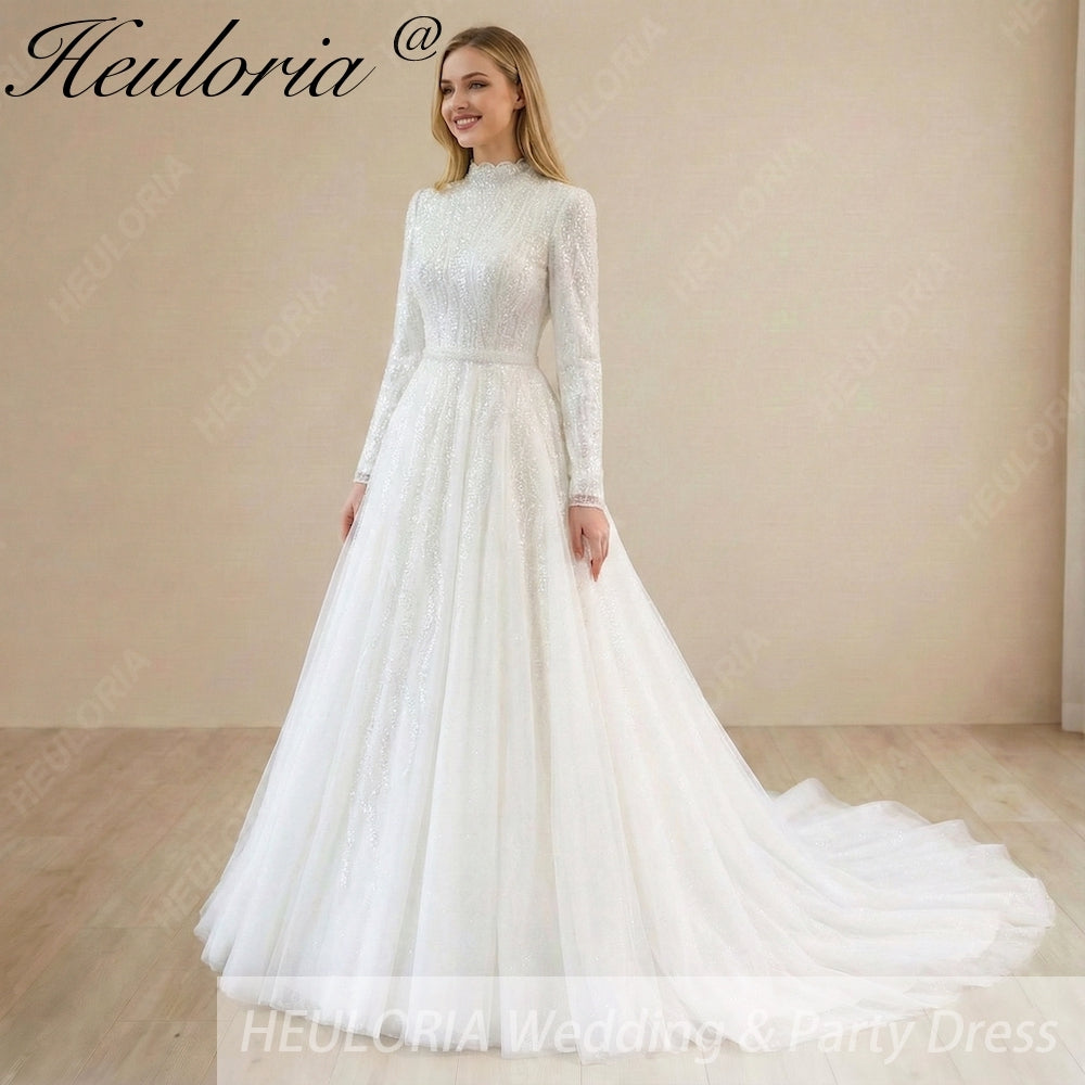 HEULORIA Shimmering Sequin High-Neck Long Sleeve Wedding Dress - Elegant A-Line Bridal Gown with Cathedral Train muslim wedding dress  BA-1203