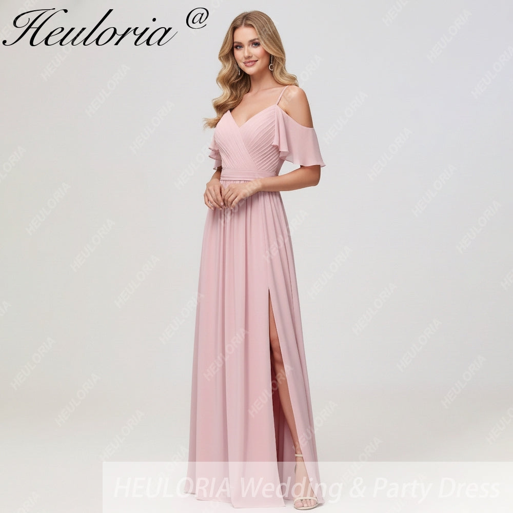 HEULORIA Long Bridemaid dress short sleeve sweetheart chiffon party dress formal dress ED-126