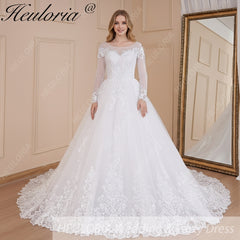 HEULORIA Ball-Gown/Princess Scoop Illusion long sleeve Cathedral Train Tulle Lace Wedding Dress With Sequins BA-574