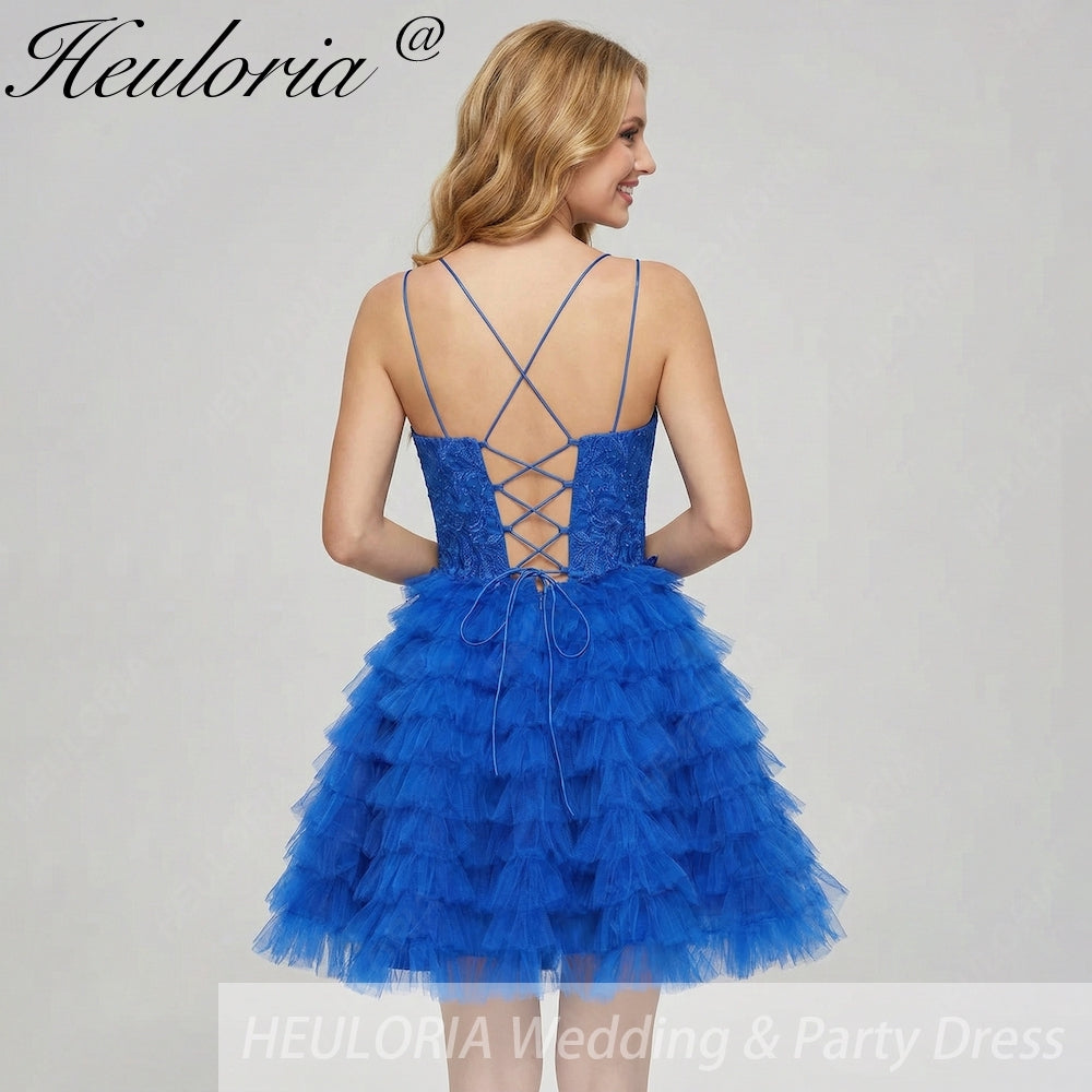HEULORIA Royal Blue Tiered Ruffle Short Homecoming Dress - Lace Applique Bodice & Corset Back ED-284 Image secondaire du produit