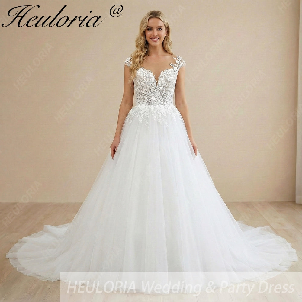 HEULORIA A line Wedding Dress V Neck Sleeveless Boho Lace Appliques Tulle Long Bridal Gowns  Customized AL-1074 Main image