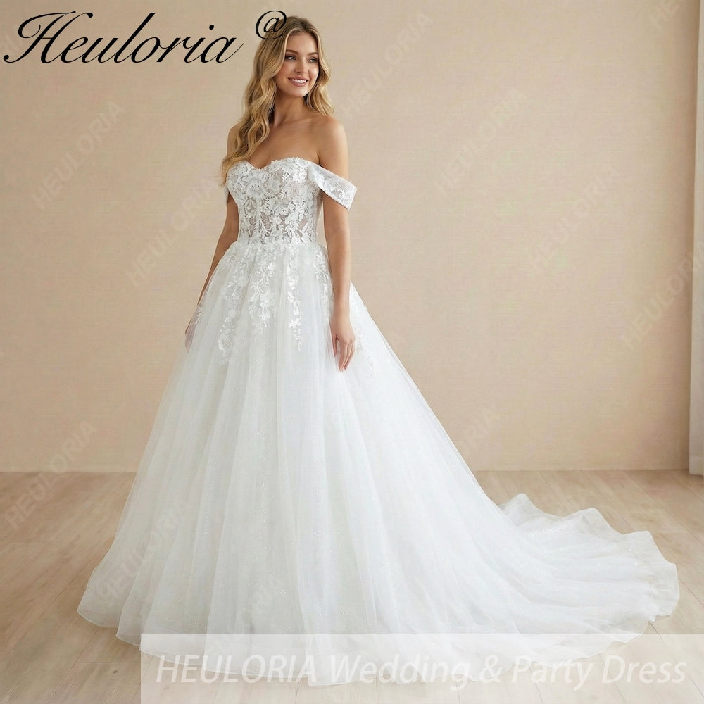 HEULORIA elegant A line wedding dress off shoulder Sparkly Glitter lace bridal dress long sleeve Robe De Mariee Wedding Bride Dress long train AL-1067
