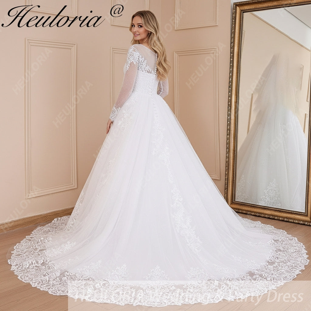 HEULORIA Ball-Gown/Princess Scoop Illusion long sleeve Cathedral Train Tulle Lace Wedding Dress With Sequins BA-574 Immagine secondaria del prodotto