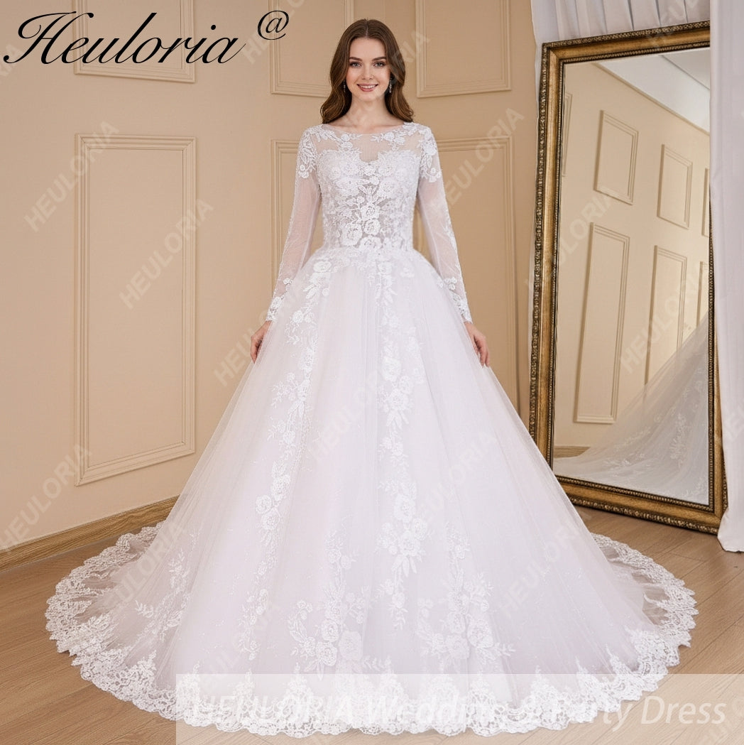 HEULORIA Princess Ball Gown Wedding Dress long sleeve bride dress o neck plus size robe de mariee Lace beading Wedding Bridal Gown BA-644 Immagine principale del prodotto