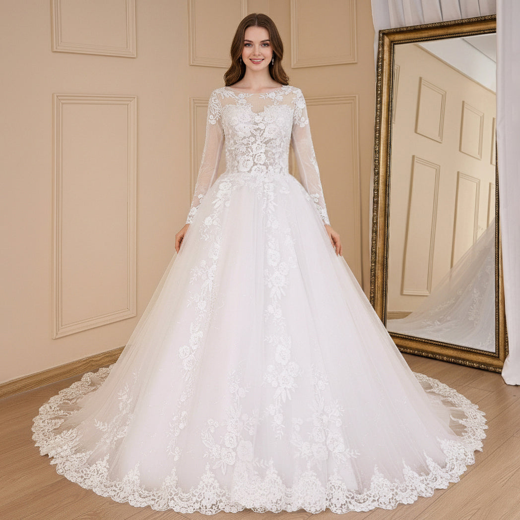 fitted lace wedding dress Gorgeous Tulle Lace Illusion Neck Long Sleeves Wedding Dresses, MW529