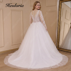 HEULORIA Elegant Leafy Lace Long Sleeve Wedding Dress - Illusion V-Neckline Ballgown with Sweep Train AL-801
