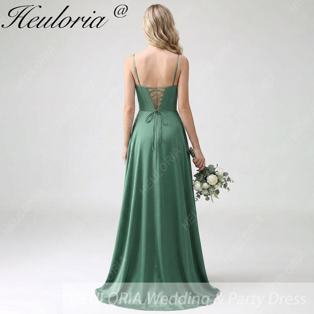 HEULORIA Eucalyptus Green Satin Sweetheart Spaghetti Strap Gown - Lace-up A-Line Formal Dress ED-263