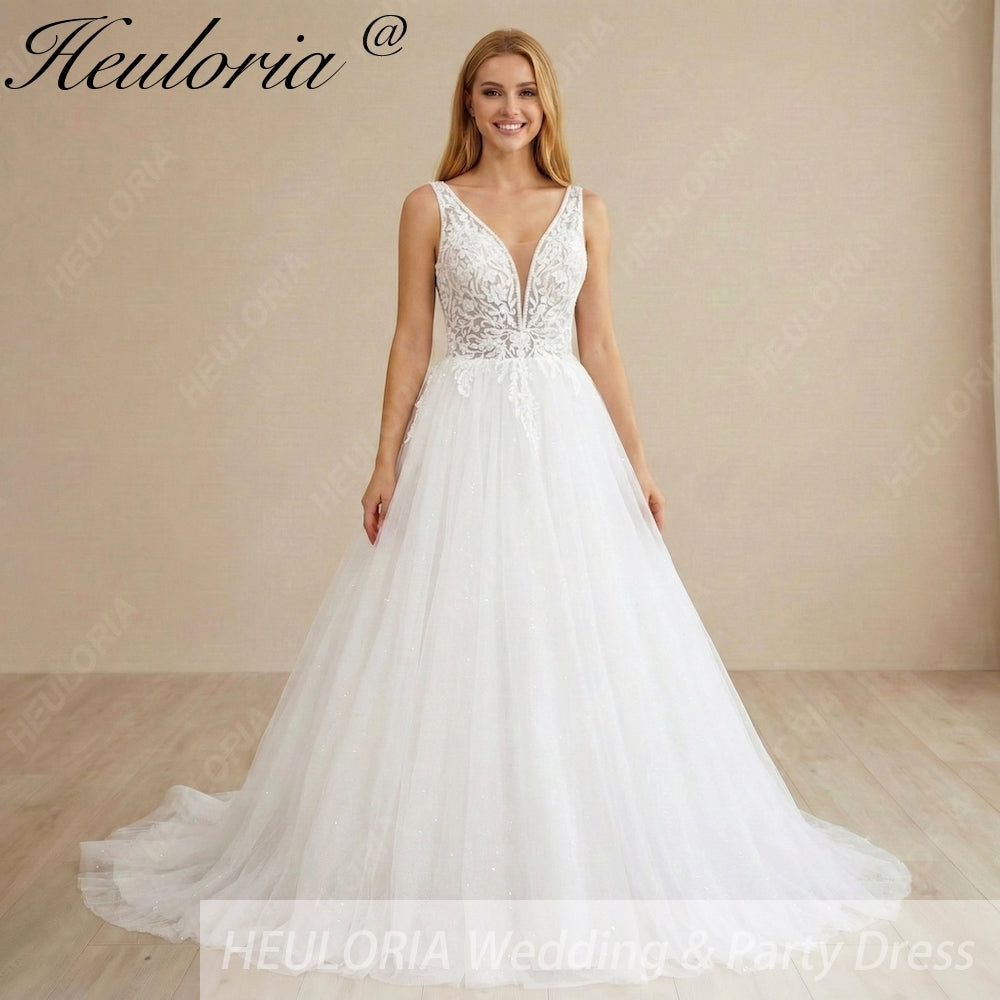 HEULORIA A line Wedding Dress V Neck Sleeveless Boho Lace Appliques Tulle Long Bridal Gowns Backless Vestidos de Novia Customized AL-1022 Imagen principal del producto