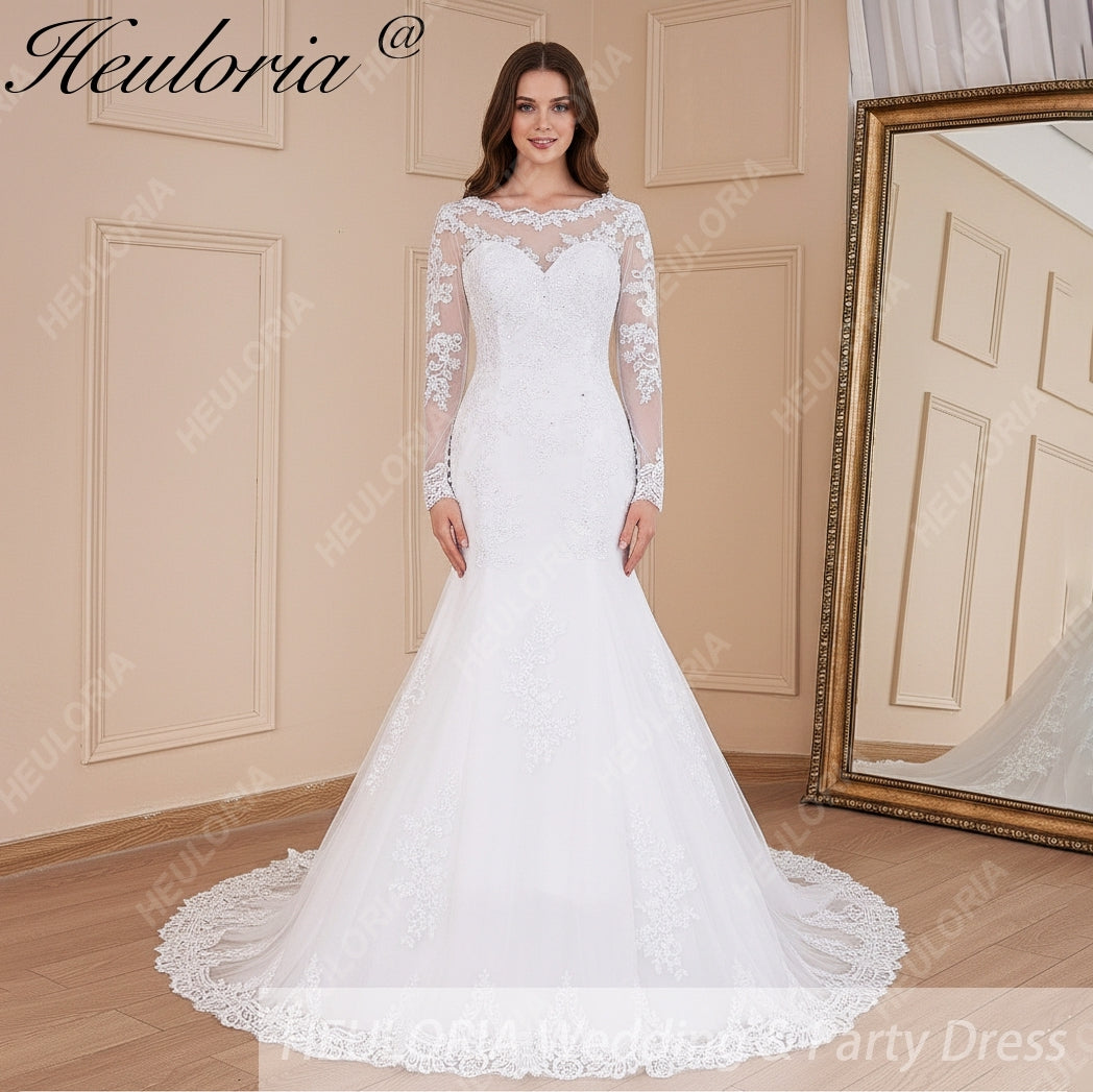 HEULORIA Mermaid Wedding Dresses long Sleeve O neck White Wedding dress lace applique beading Bride Dress Robe de mariage customize ME-581 Immagine principale del prodotto