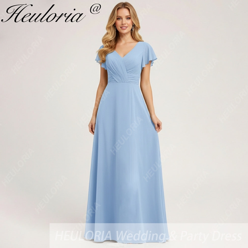 HEULORIA Long Bridemaid dress short sleeve V neck chiffon party dress formal dress ED-133