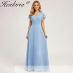 HEULORIA Long Bridemaid dress short sleeve V neck chiffon party dress formal dress ED-133